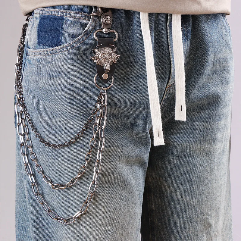 Wolf Head Leather Patch Multi‑Layer Pants Chain Unisex Metal Waist Chain Gothic Punk Jeans Hanging Streetwear Decor