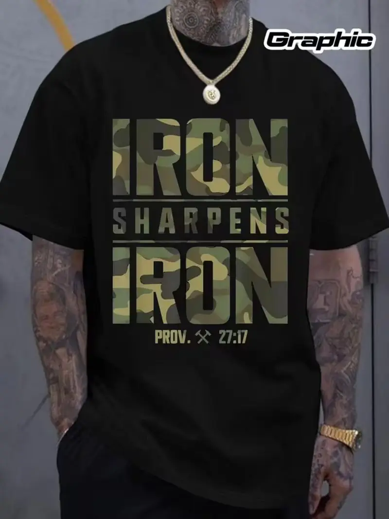 Men's Camouflage Padded Bold Blacksmith Inspirational Scripture Axe Simple Print Short Sleeve Loose Crew Neck Fitness Vintage