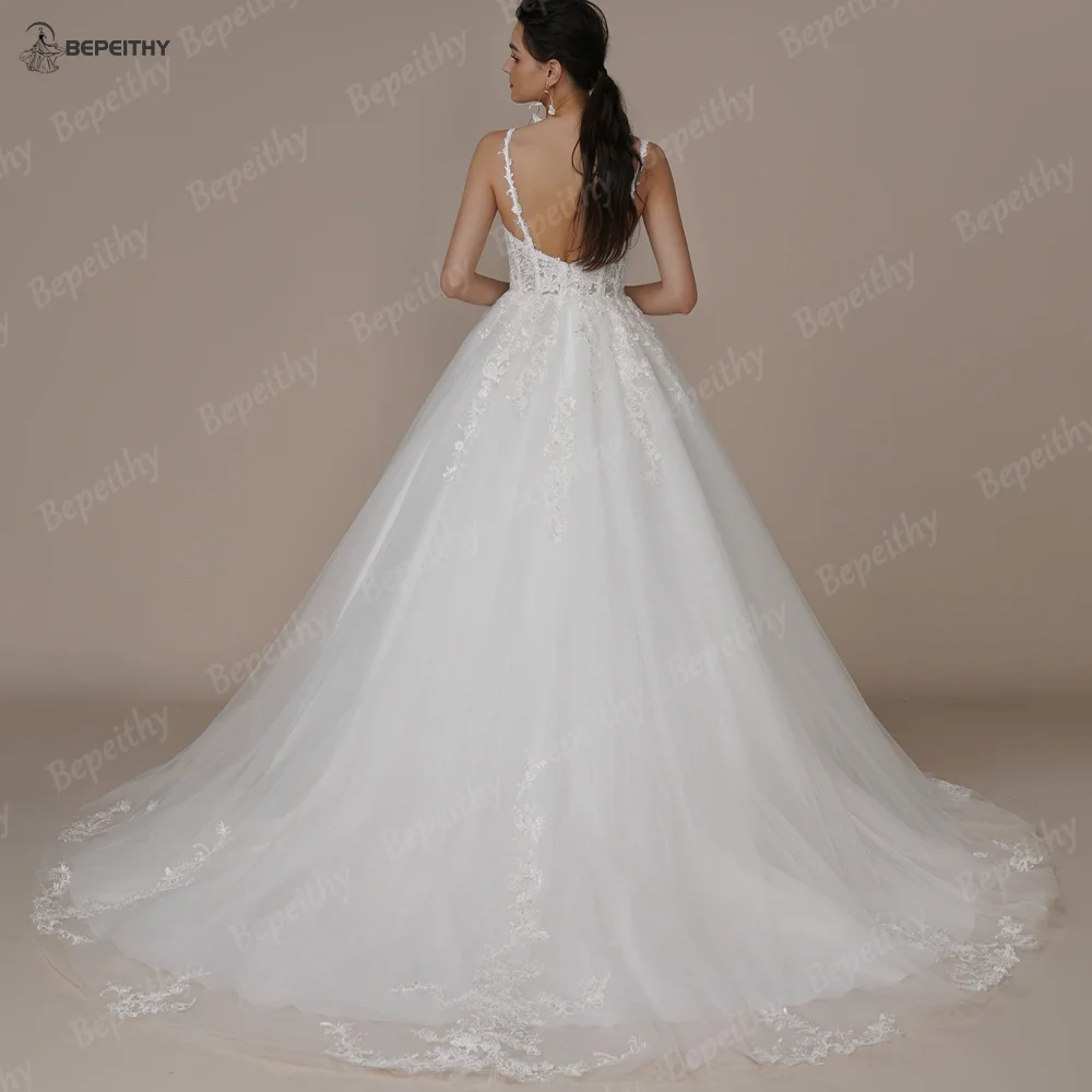 BEPEITHY Customized Princess Spaghetti Straps Bride Wedding Dresses For Women Sleeveless White Lace Court Train Bridal Ball Gown