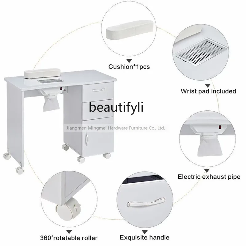 Nail salon, simple single manicure table with wheels, built-in vacuum cleaner, multi-layer drawers