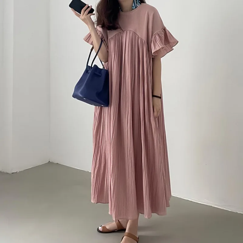 Loose Pleated Long Dress with Flutter Sleeves Casual Summer Dresses for Women Flowy Midi Dresses Spring