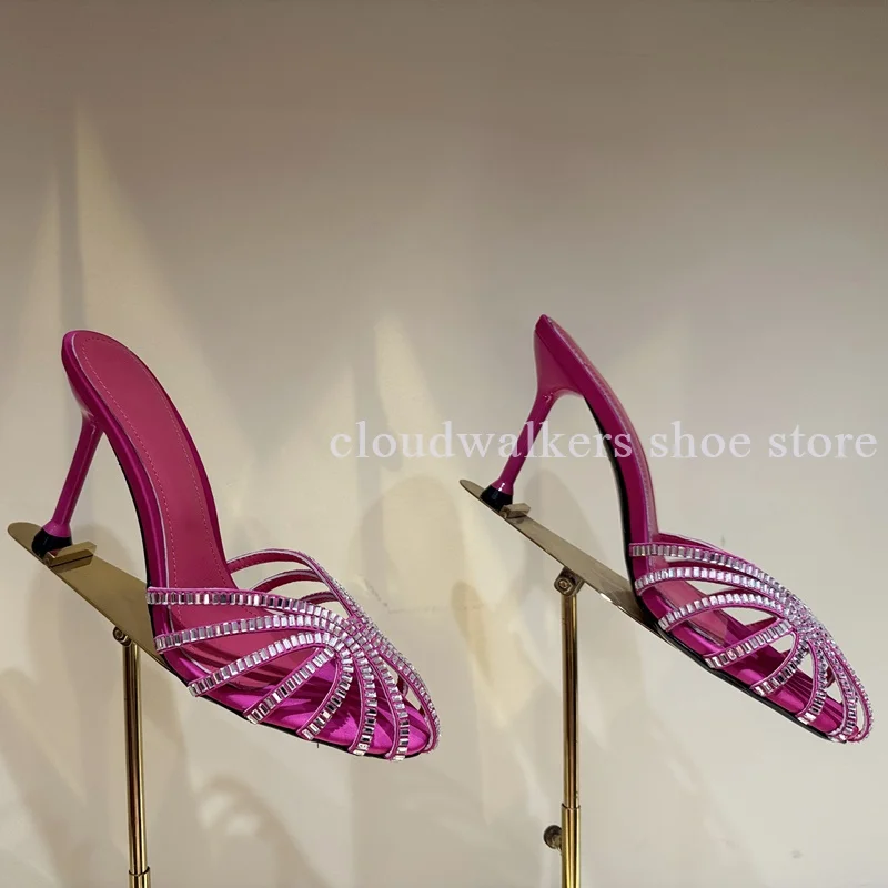

Women's Shiny Luxury Silk Crystal Embellished High Heel Slippers Fashion Design Cross Strap Caged Hollow Stiletto Mule Slippers