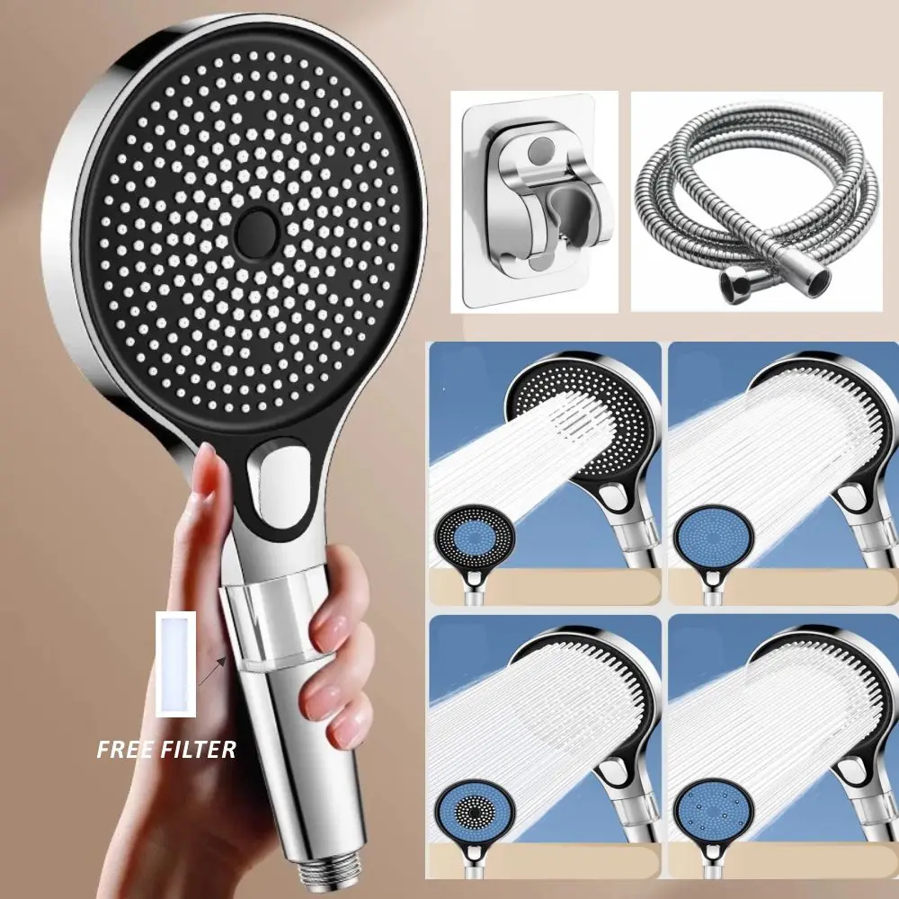 New High Pressure 13CM Shower Head Black 4 Modes Water Saving Spray Nozzle Massage Rainfall Filter Shower Bathroom Accessories
