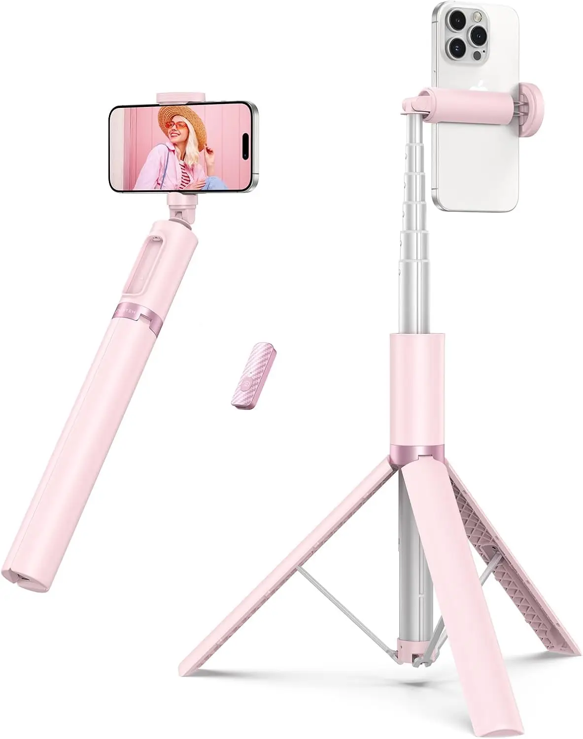 55' ausziehbares Aluminium-Selfie-Stick-Stativ mit Bluetooth-Fernbedienung, rosa, passend für 4,7-7' Telefone
