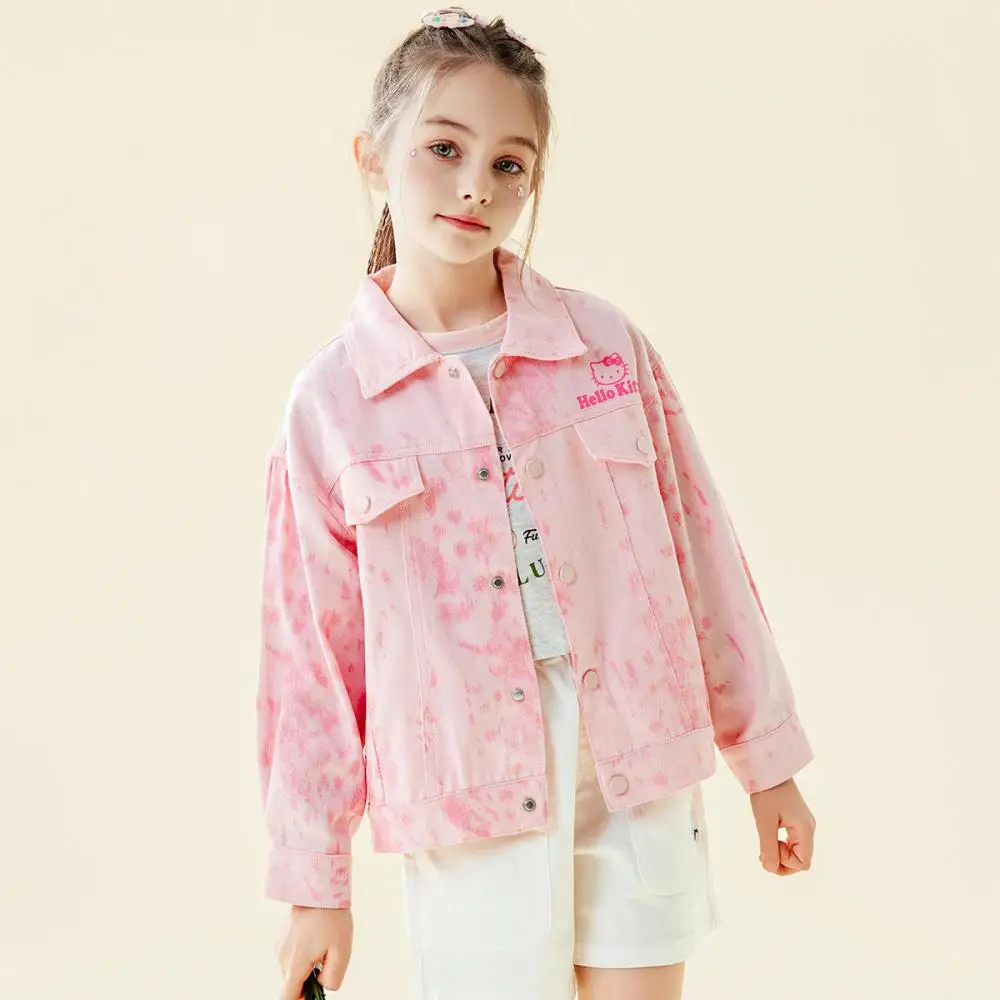 

Kawaii Sanrio Hellokitty пальто 2025 новый стиль весенне-осенняя куртка для девочек милая джинсовая верхняя одежда с принтом тай-дай короткое крутое модное пальто