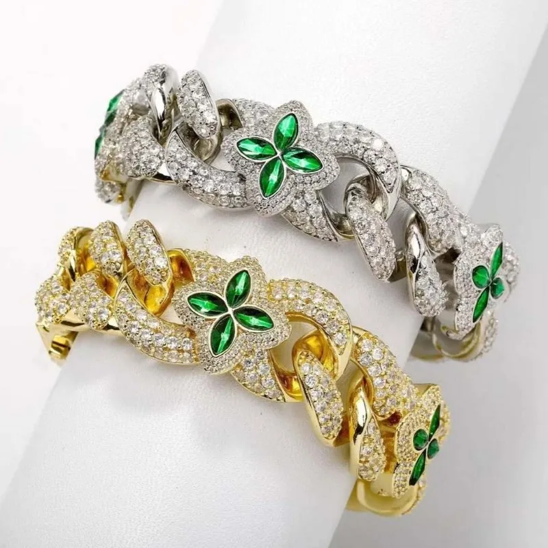 Fashion trend new product INS light luxury S inlaid colored four-leaf clover moissanite Cuban chain bracelet