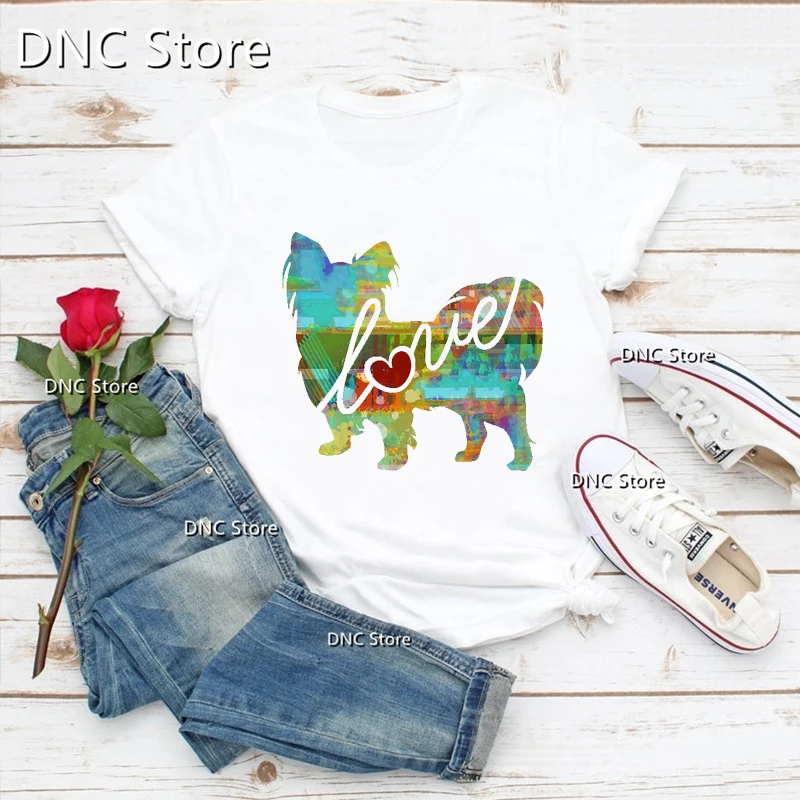 Cute Colorful Watercolor Dog Love Heartbeat T Shirt Collie Poodle Hound Doberman T-Shirt Fashion Women Clothes Female 90‘s Top