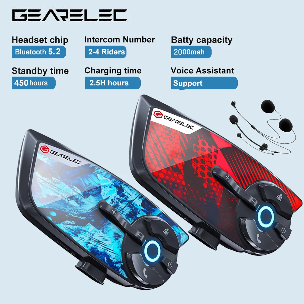 GEARELEC Motorcycle Helmet Bluetooth Intercom Headset 4 Riders 1500M IP67 Helmet Communication System Music Sharing Motorbike