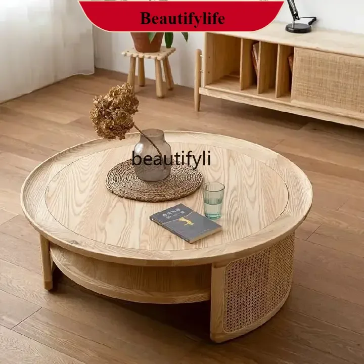 

Japanese solid wood round modern tea table household living room ash wood round table low table G1218