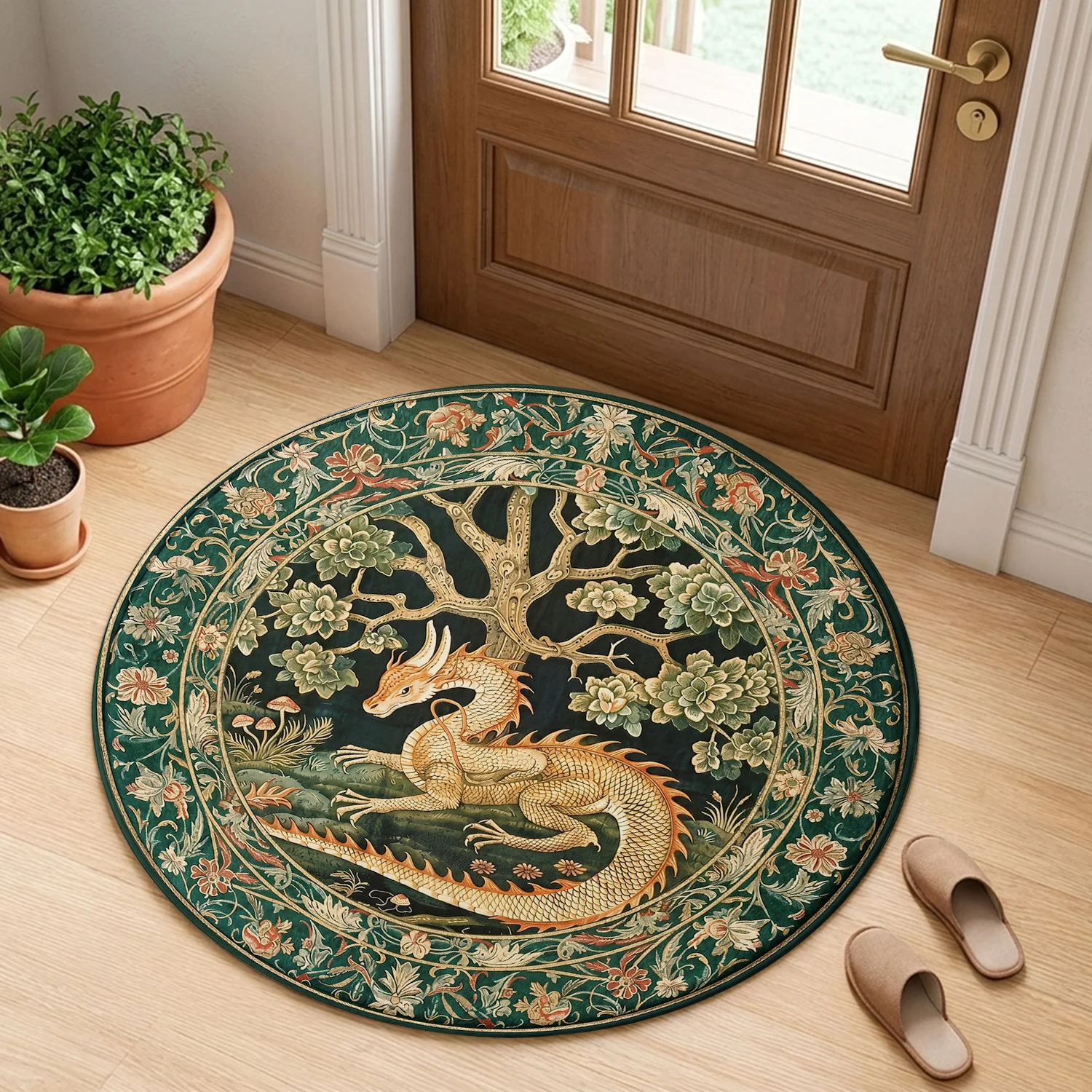 Oriental Mythology Dragon & Tree Round Floor Mat, Vintage Emerald Green Design with Auspicious Beast for Traditional Home Decor