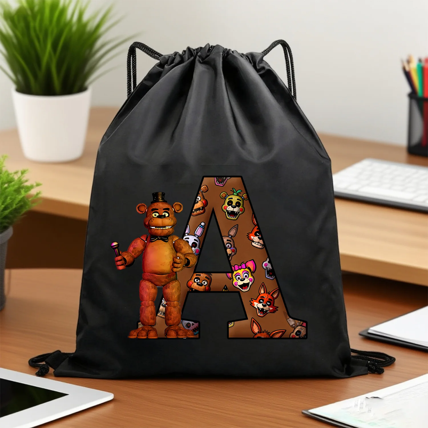 

Fnafs Drawstring Bag Five Nights At Freddys Letter Storage Bag Cartoon Drawstring Pouch Black Party Prop Gift Large Capacity Bag