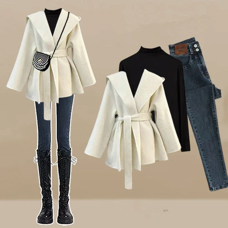 Autumn Winter New Women\'s Clothing Matching Sets Lady Graceful Waistbelt Wool Overcoats Black Bottom Tops Denim Pants Outfits