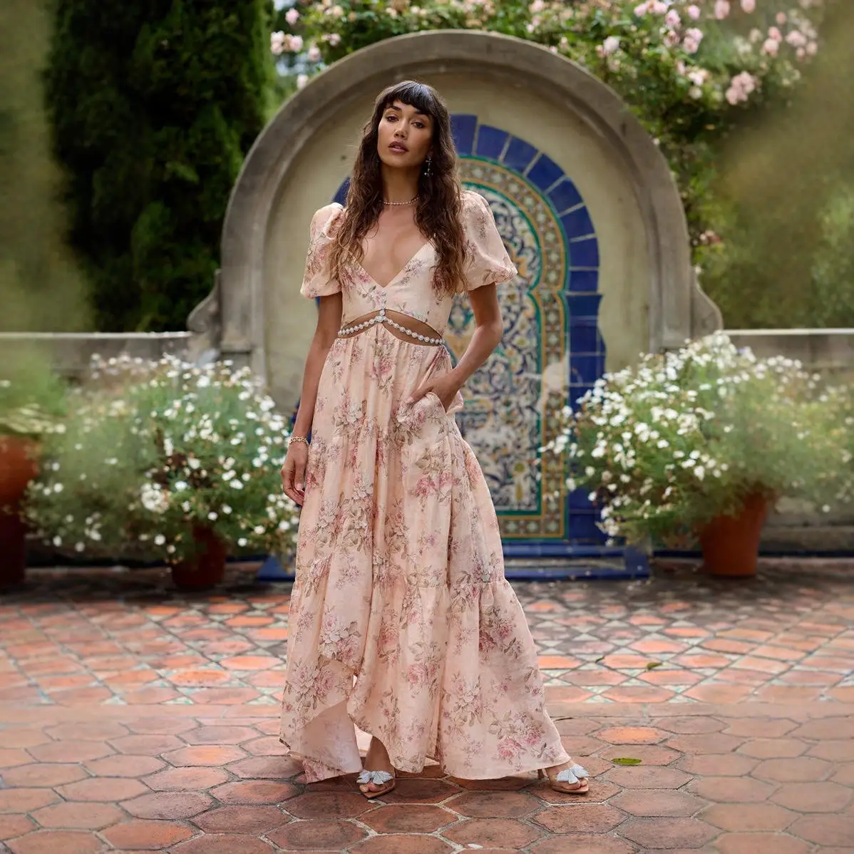 Sexy perla Nelace impreso abertura alta V-Ne Dr con Flng Sve tela de poliéster ort Sve cintura alta primavera Dr