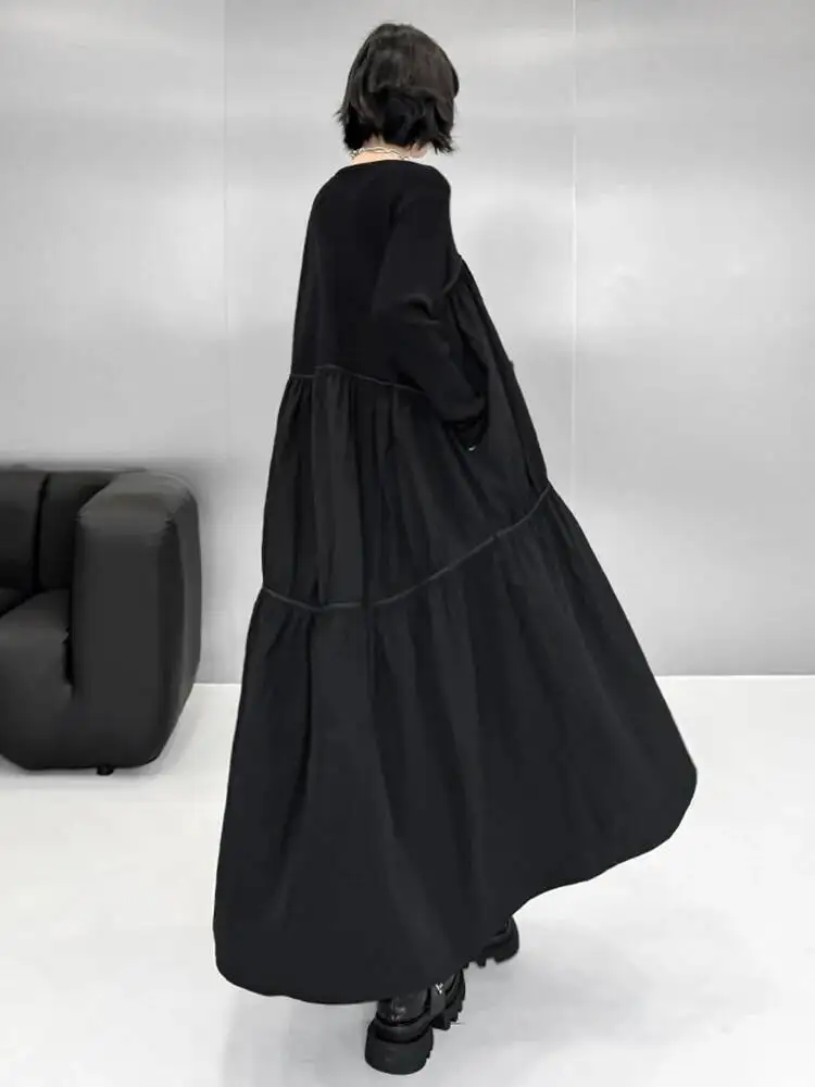 Feminino preto voltar longo irregular tamanho grande tricô vestido novo decote em v manga longa moda maré primavera outono