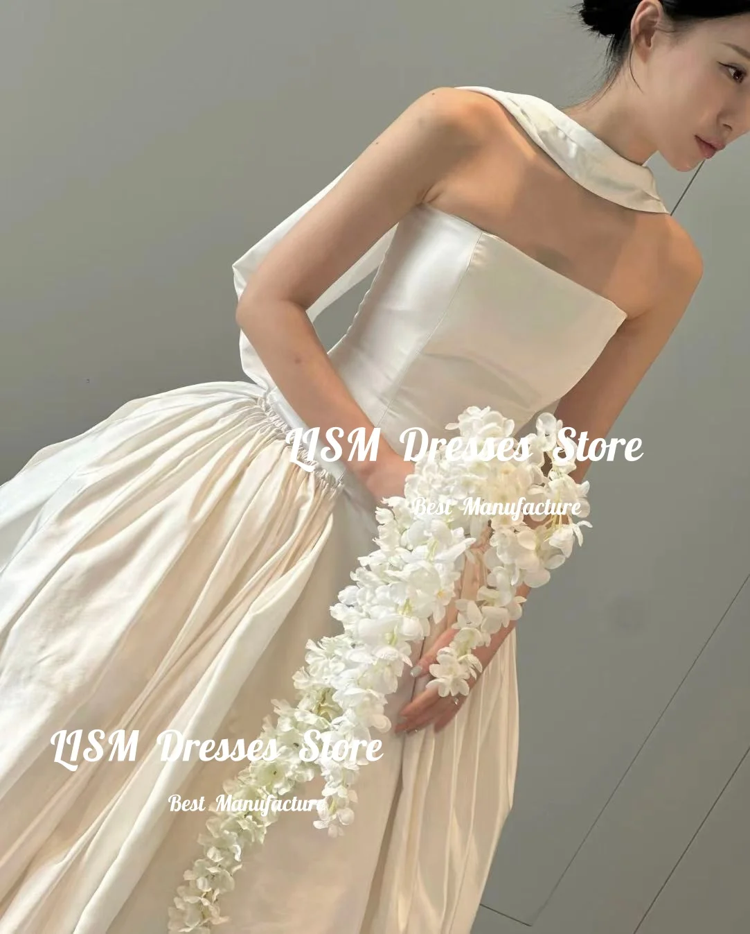 Lism Classic Wedding Dress Strapless Scarf Floor Length Ivory Silk Taffeta A-Line Korea Photo shoot Bridal Gown Custom Made 2026
