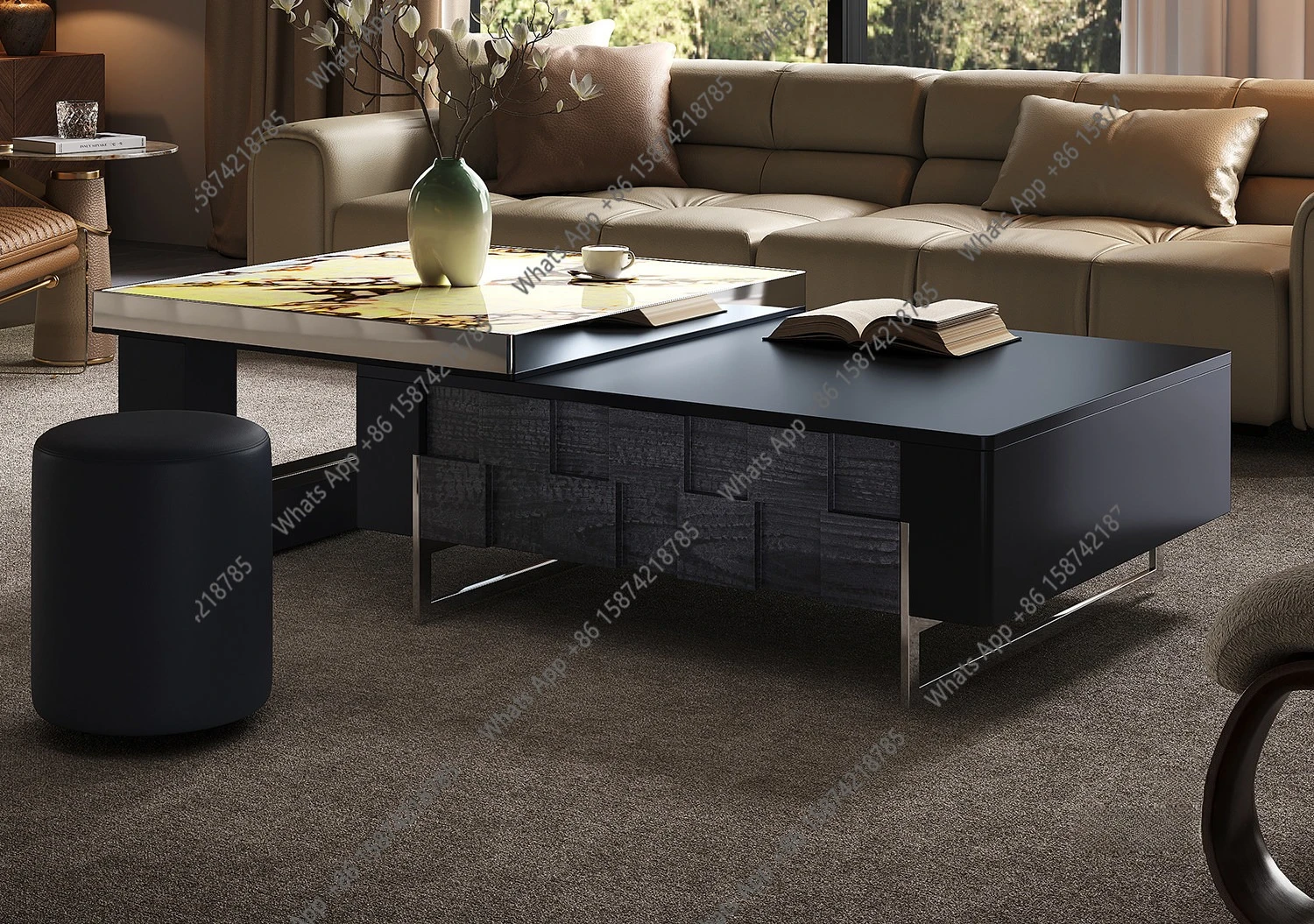 Qianyue Italian minimalist luxury stone coffee table telescopic light luxury high-end designer 2026 new geometric pixel coffee t