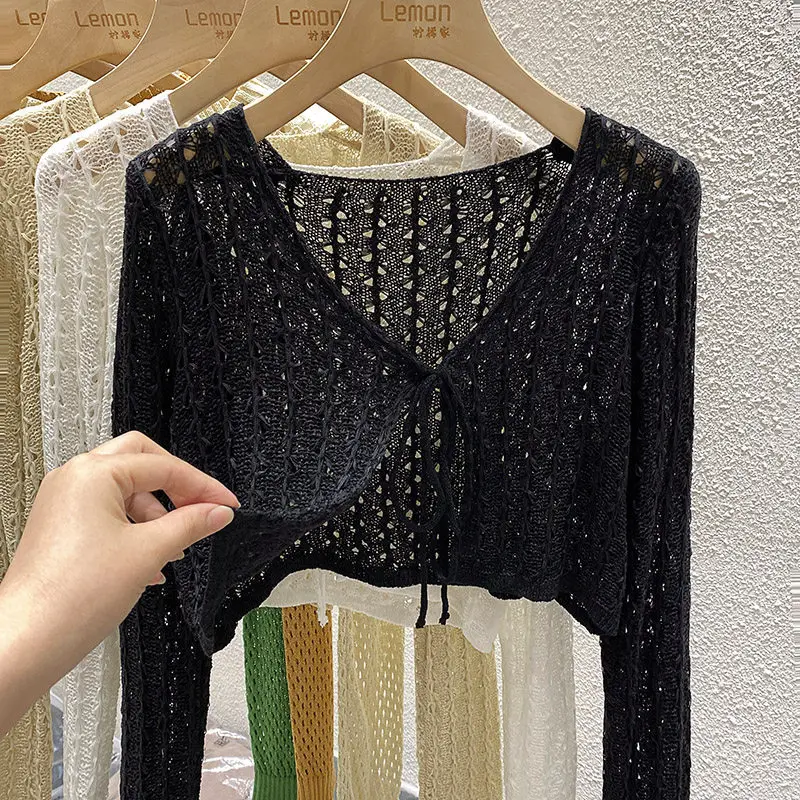 

Women Open-stitch Knit Top Pointelle Tie Front Crop Cardigan Crochet Bolero Cover-up Spring Summer Tops 2026 Y2K Grunge