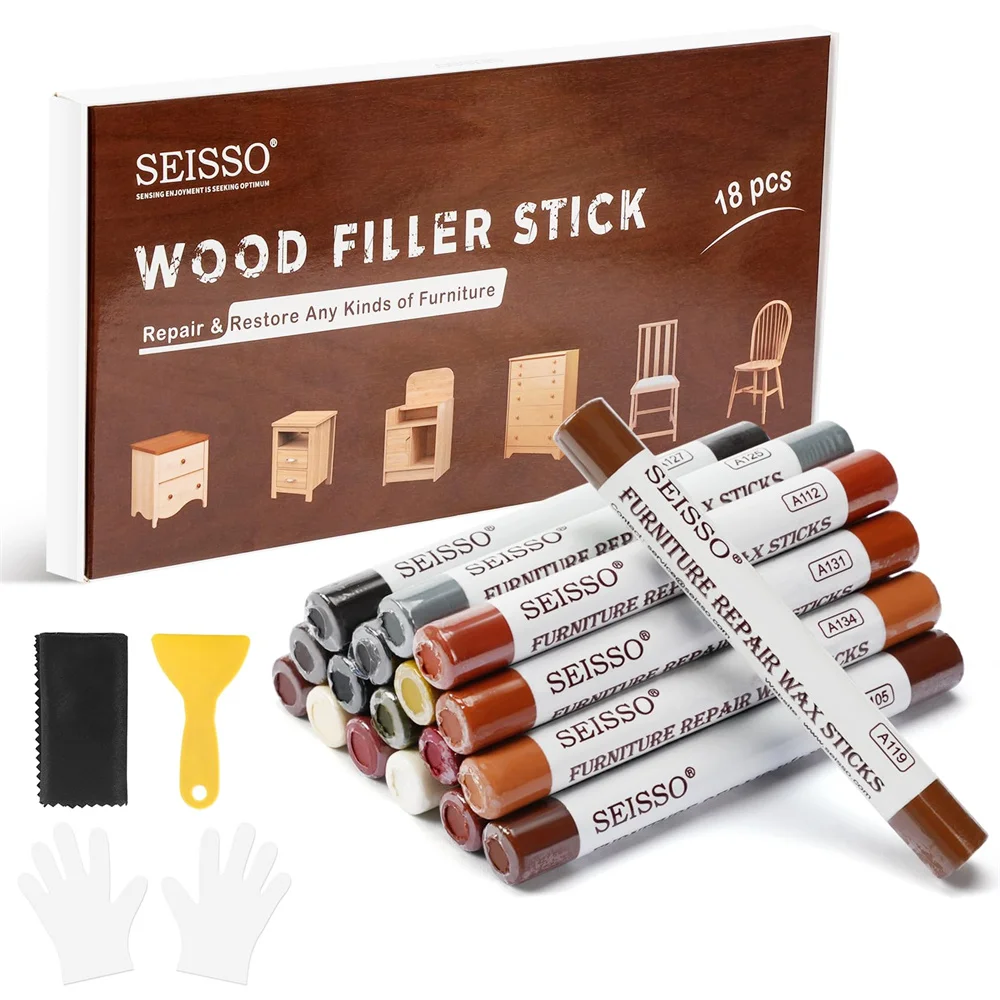 

SEISSO 18 Colors Wood Wax Crayons Filler Scratch Repair Pen Kit for Touch Ups Scuffs Cracks Nail Holes Hardwood Floors Cabinets