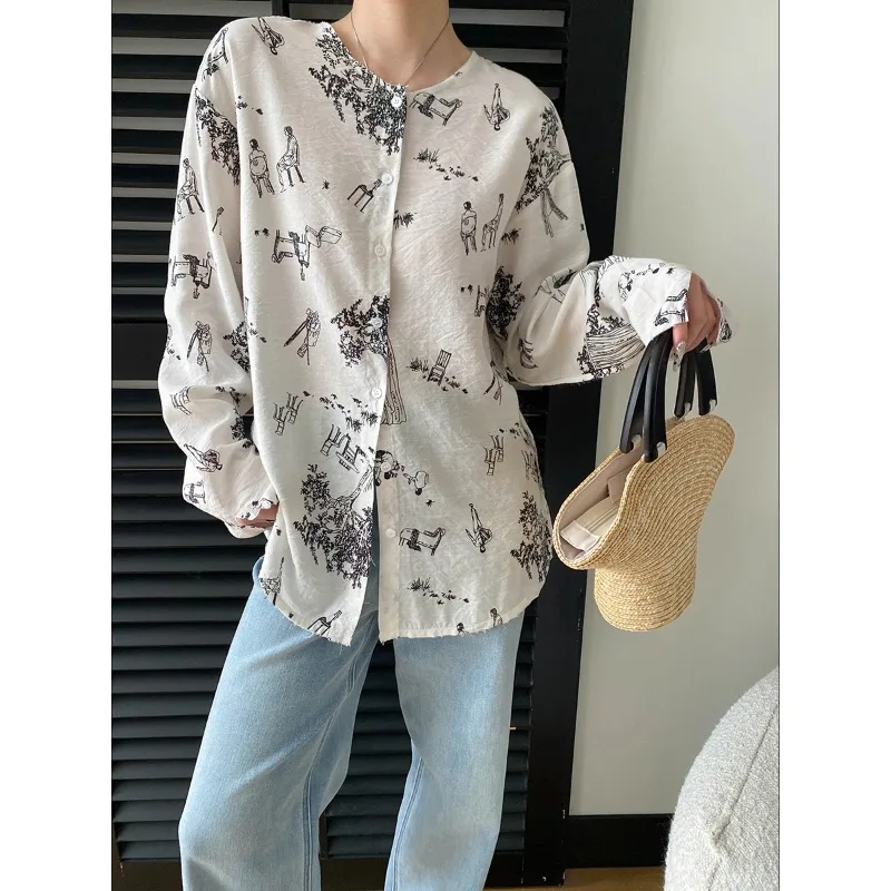 Casual Stylish Loose-Fit Shirt Print Vintage White Shirt With Print Casual Long Sleeve Blouse For Women Work Office Daily 6ROH