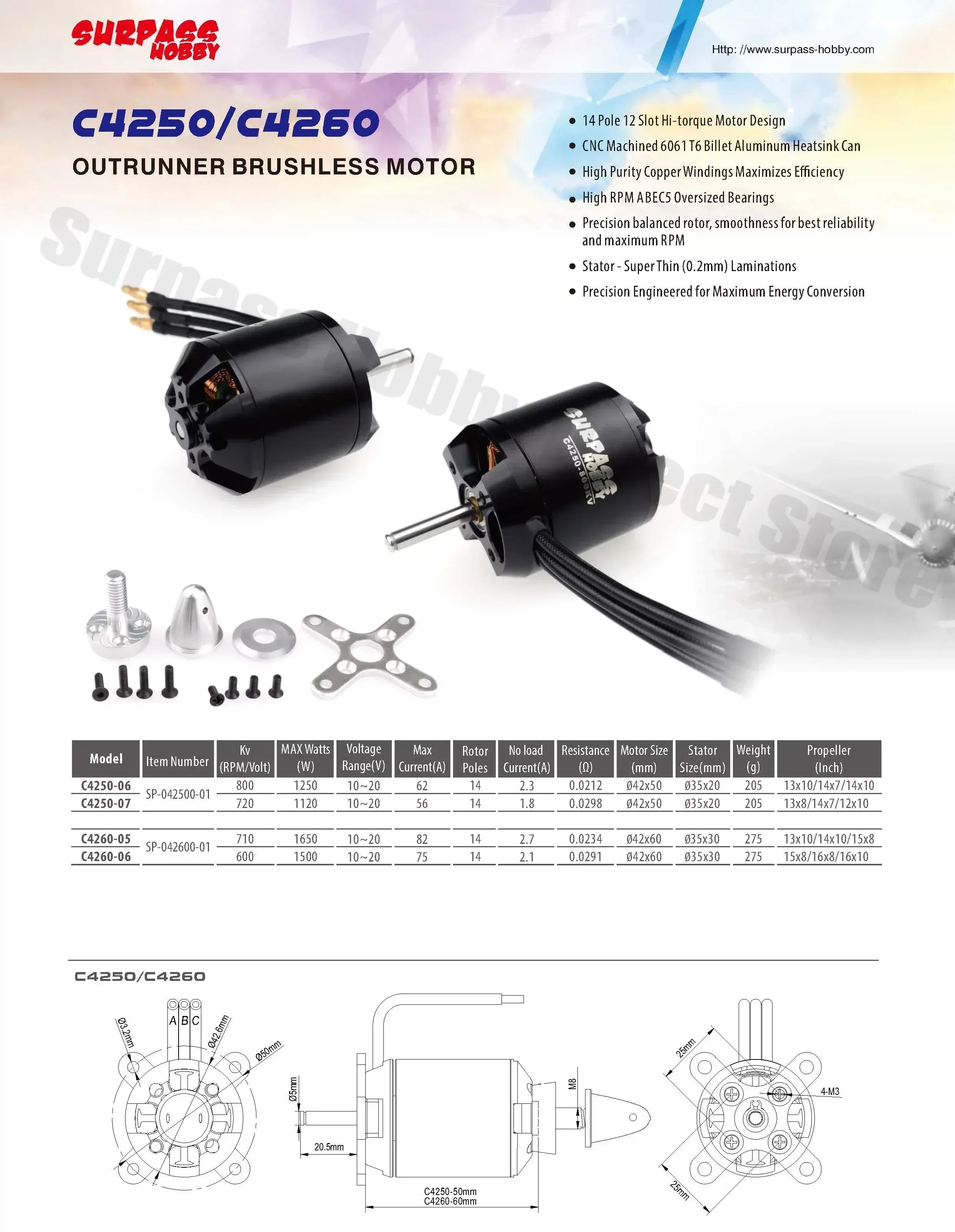 Surpass Hobby 2822 2830 3530 3542 3548 4250 4260 5055 5065 6345 Bürstenloser Motor für RC Starrflügel-FPV-Drohnen-Quadcopter-Flugzeug