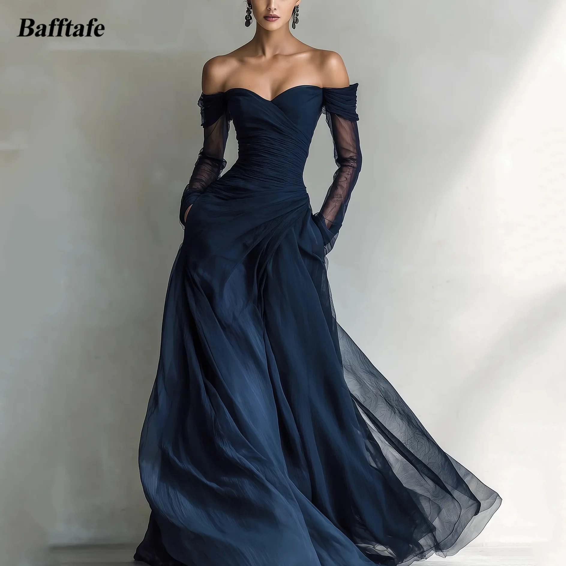 

Вечерние платья Bafftafe темно-синего цвета, на заказ, с длинными рукавами, плиссированные, для выпускного вечера, женские, для садовых вечеринок, дней рождения, платья для знаменитостей