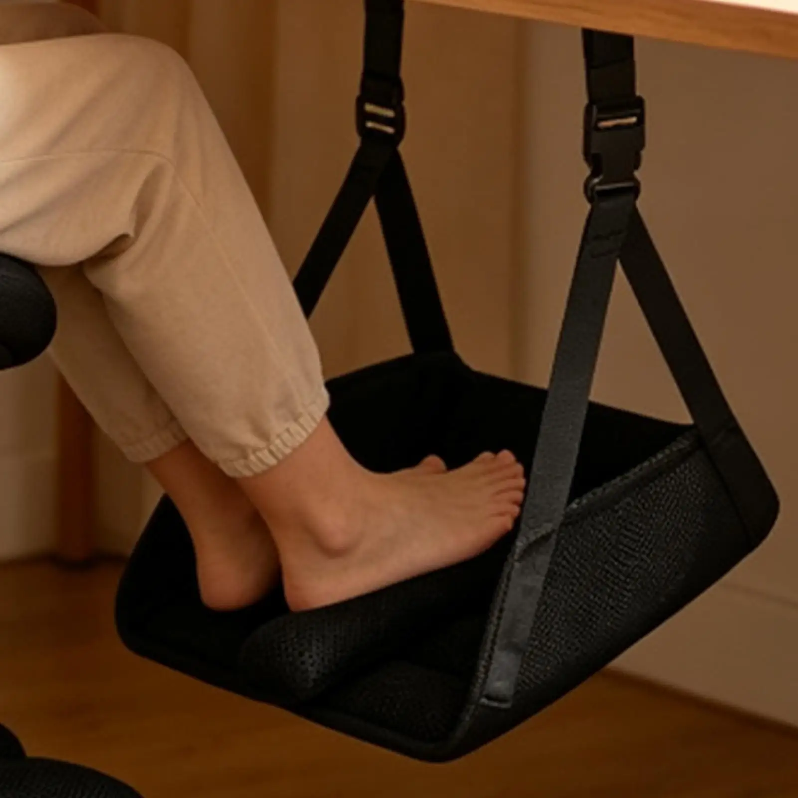 Foot Hammock Adjustable Portable Lightweight Wooden Base Plane Leg Support Footrest Sling for Train Bus Car Office Bedroom
