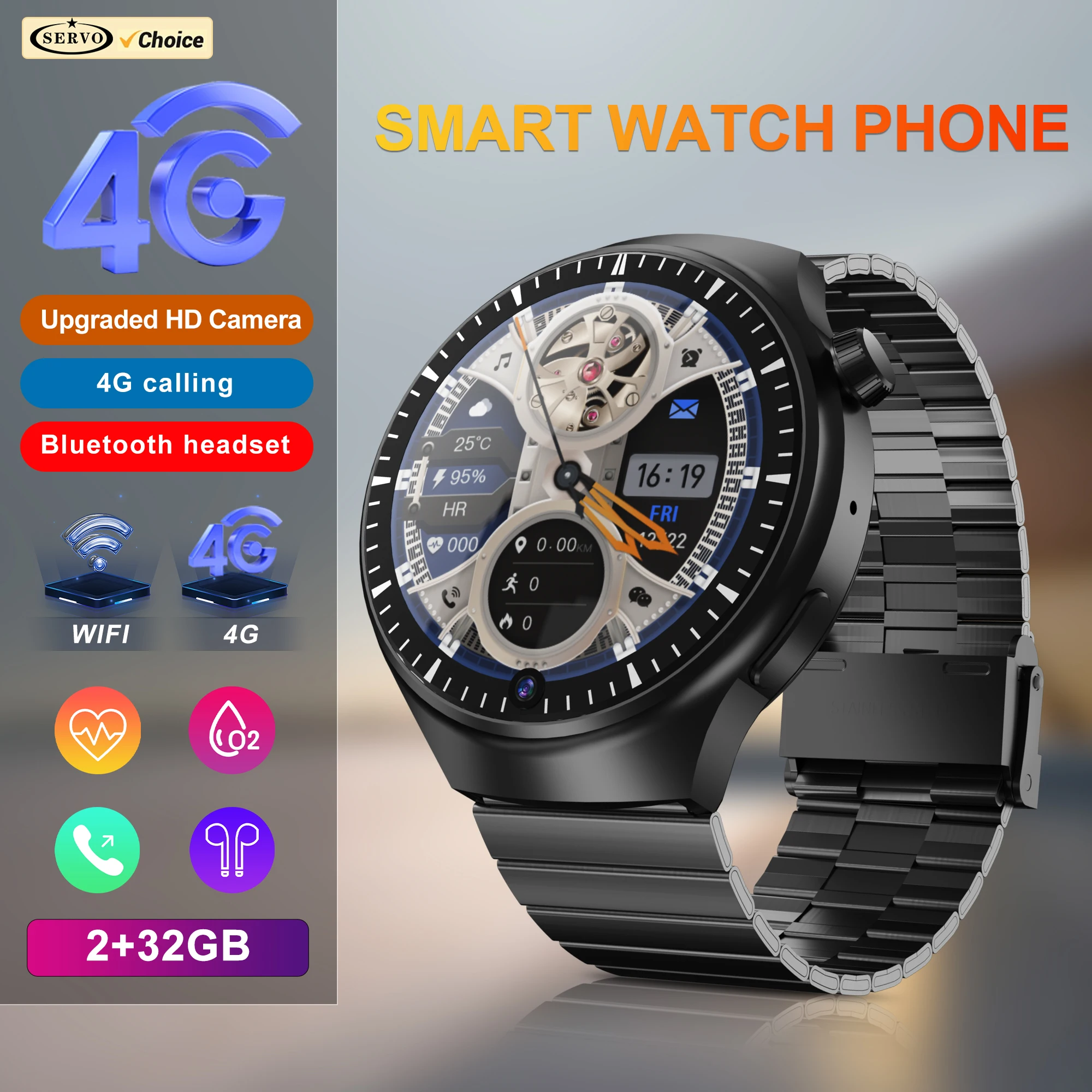 SERVO KOM11 4G LTE Smartwatch Phone One SIM Card Android System Front Camera Face Unlcok WiFi Waterproof Touch Screen Smartphone
