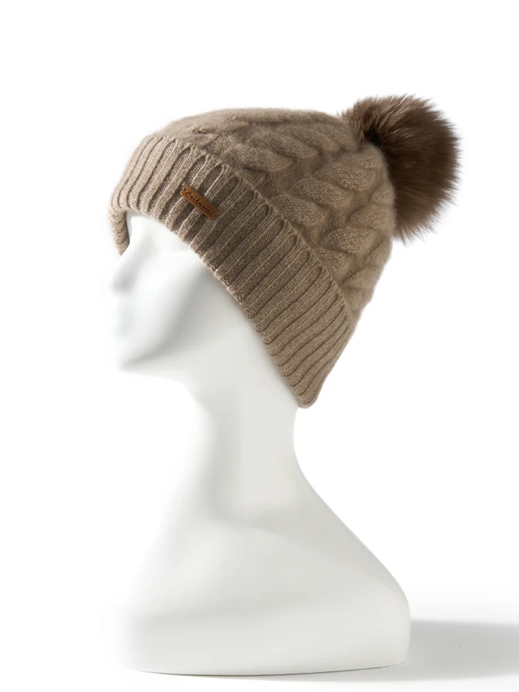 100% Mongolian Cashmere Beanie 3D-Cable Women Pom-pom Real Rabbit Pompoms Hat Soft Men Winter Knitted Pure Cashmere Warm Caps
