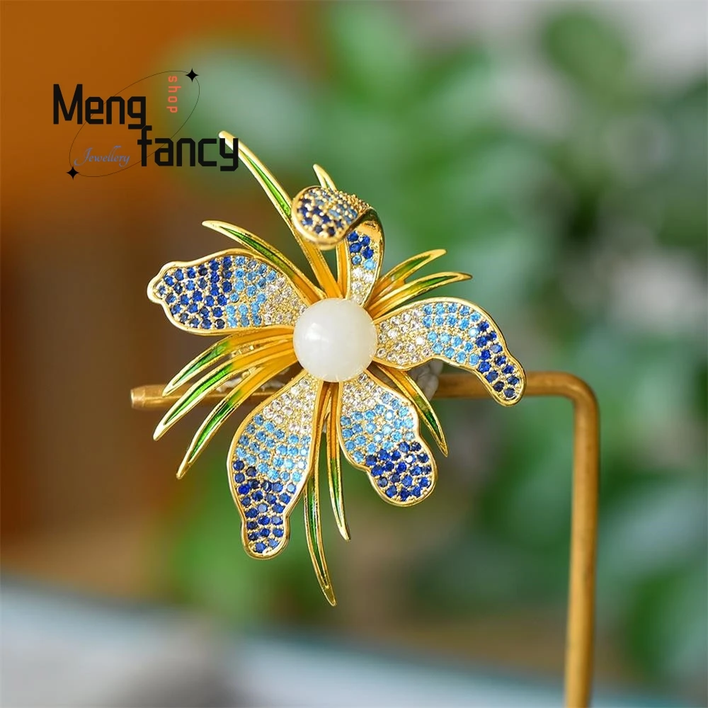 Hetian White Jade cymbidium Coloured Zirconia Brooch Elegant Exquisite High-grade Fashion Jewelry Sexy Young Girls Holiday Gifts