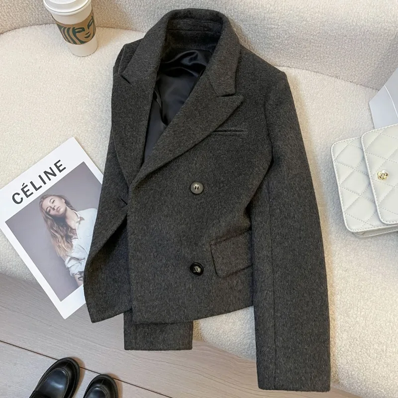 

Серый шерстяной пиджак для женщин, осень-зима 202, новый короткий стиль, высококачественный дизайн, топ в западном стиле