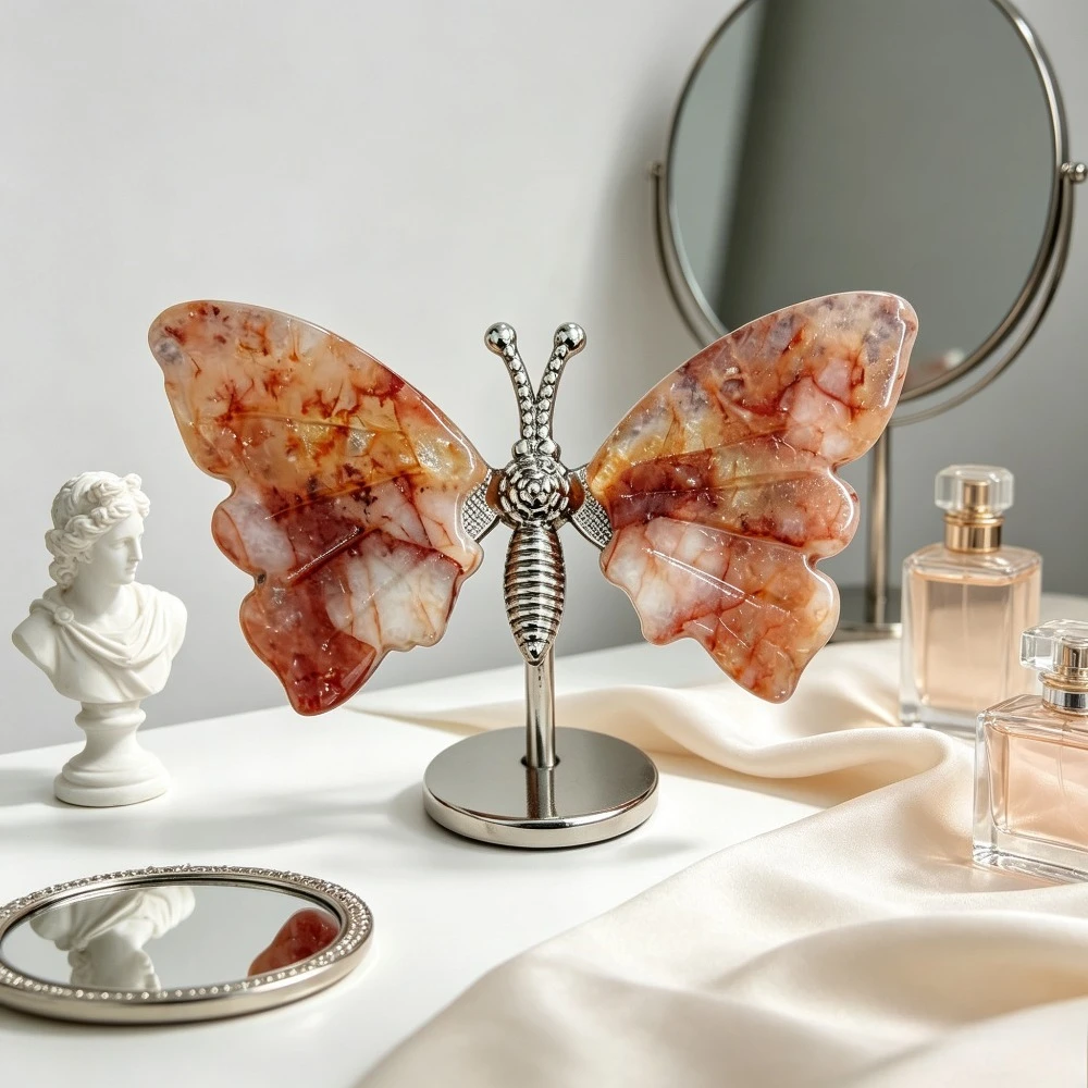 Natural Fire Quartz Butterfly Wings Figurine with Metal Stand Crystal Stone Ornament for Home Desk Decor Gift for Crystal Lovers