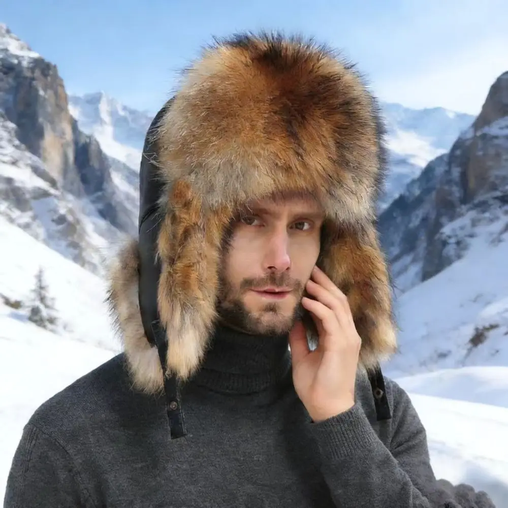 Winter Warm Mens Trapper Hat Faux Fur Lined Ear Protection Cap Thickened Thermal Windproof Headwear For Outdoor Hunting