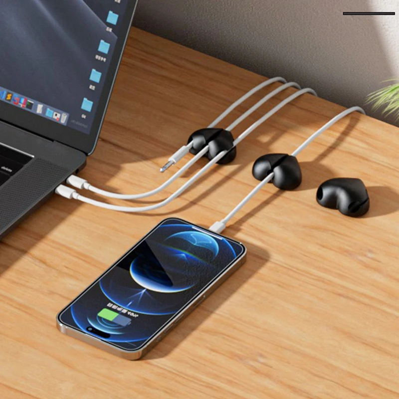 2pc Heart Shaped Silicone Cable Organizer Clips Self Adhesive Desktop Wire Holder USB Charging Cord Management Tidy Home Decor