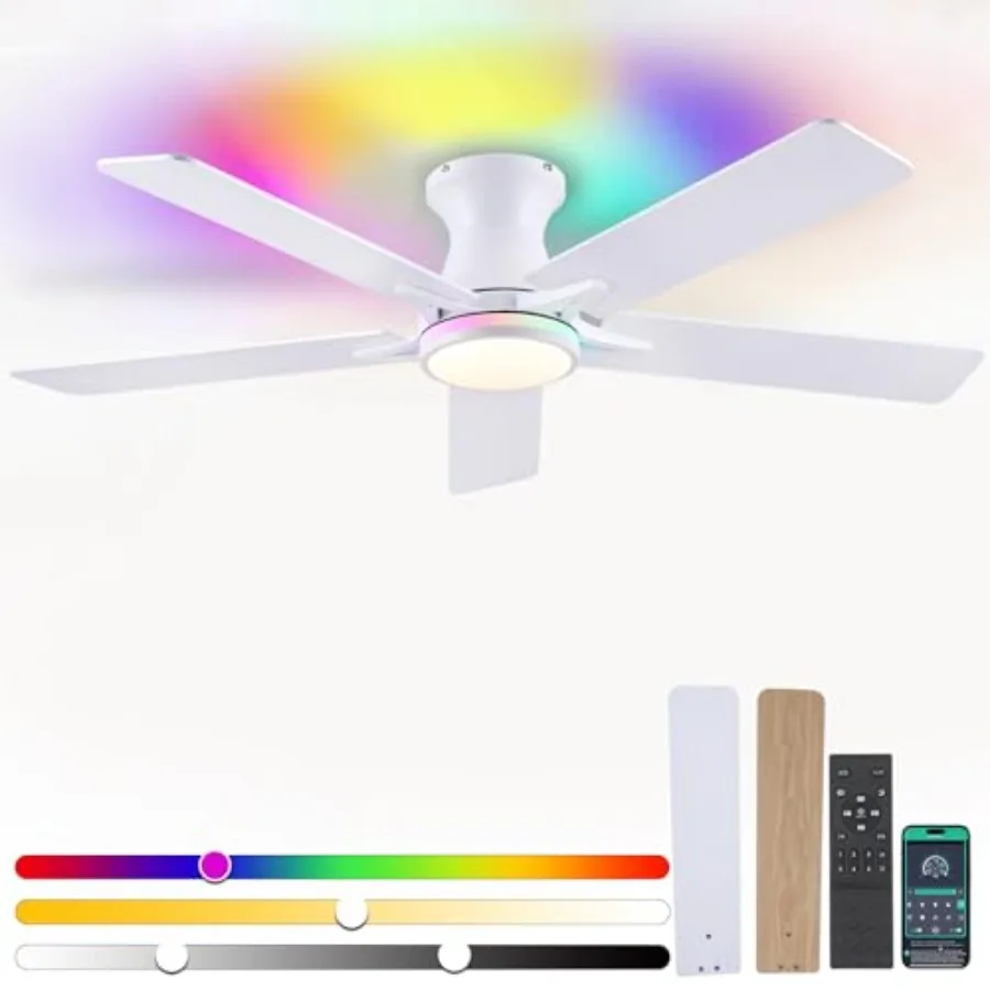 

Low Profile RGB Ceiling Fans with Lights and Remote, 52 White Flush Mount Ceiling Fans with Quiet Reversible DC Motor, Dimmable