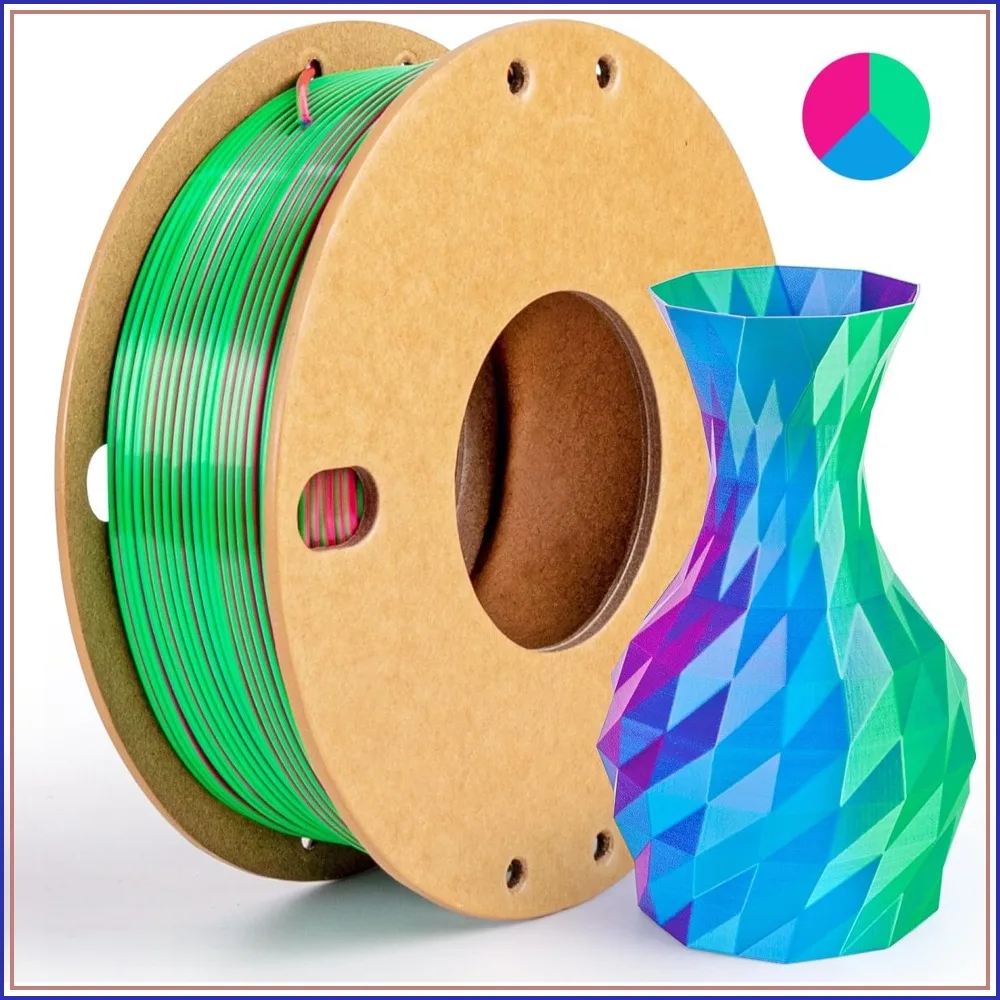 

Tri-Color Silk PLA+ Filament 1.75mm, 250g Spool, Rose Red+Sky Blue+Green