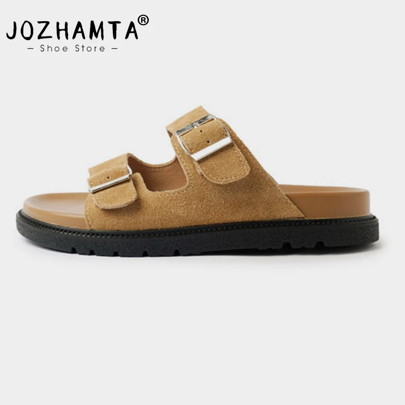 JOZHAMTA Size 35-40 Women Flats Slides Slippers Real Leather Low Heels Summer Shoes 2025 Ins Fashion Casual Beach Daily Dress