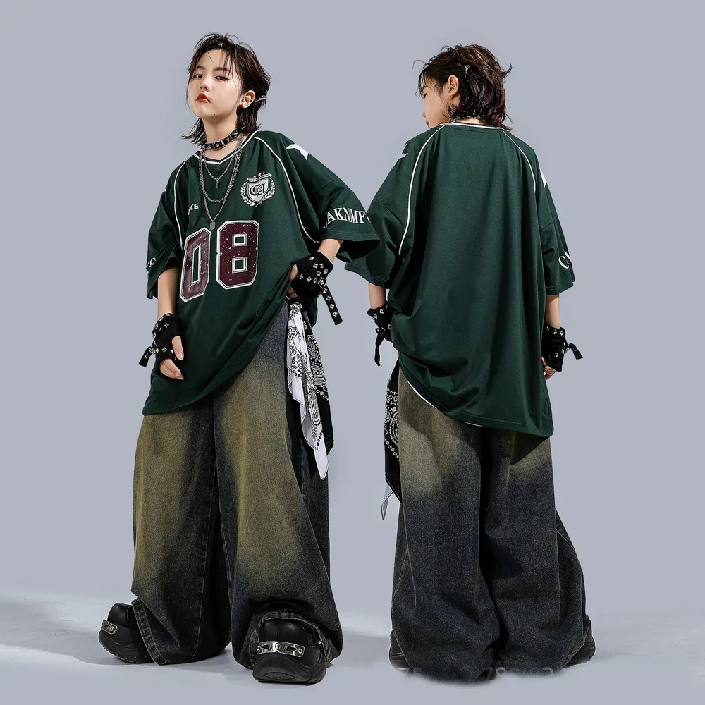 Children Boys Gilrs Streetwear Hip Hop Jazz Sport Short Sleeve T-shirt Denim Jeans Pants Sets Kids Tracksuits Stage Clothes