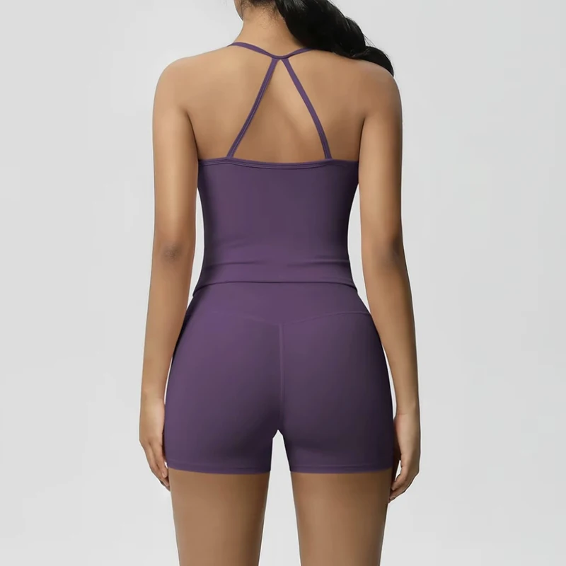 Women's Yoga Exercise Set, Popular Slim Shoulder Yoga Vest Paired With High Waisted, Waist Hugging, Naked Yoga Three Part Shorts image 2
