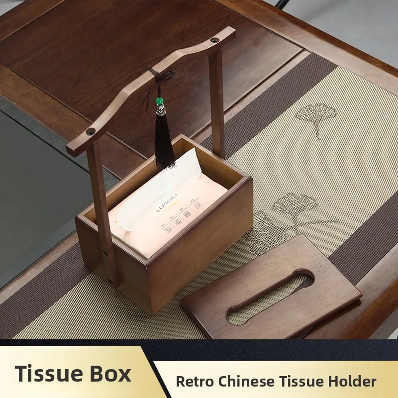 

Chinese Sle Handheld Bamboo Wood Tissue Box Rectangular ape Rectangular Design for Home Restaurant Stationery Storage Box