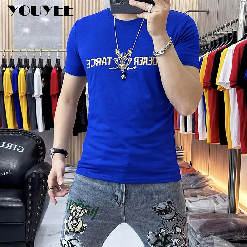 Men\'s T-shirt Gold Letter Printing High-quality Male Tees Round Neck Summer Fashion Trend Slim Fit Silky Cotton Top Man Clothing