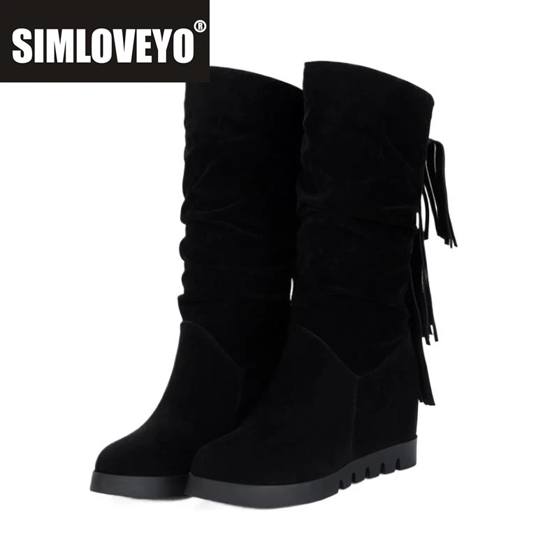

SIMLOVEYO/женские сапоги до колена с напуском, увеличивающий каблук, танкетка, платформа, флок, кисточки, круглый носок, слипоны, весна-осень, большой размер 43-1