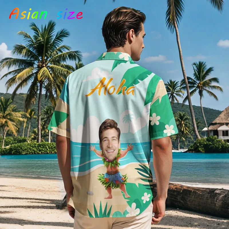 Funny Muscle Man Custom Face Beach Grass Skirt Graphic Shirt DIY Photo Hawaiia Aloha Short Sleeve Men Women Holiday Party Blouse