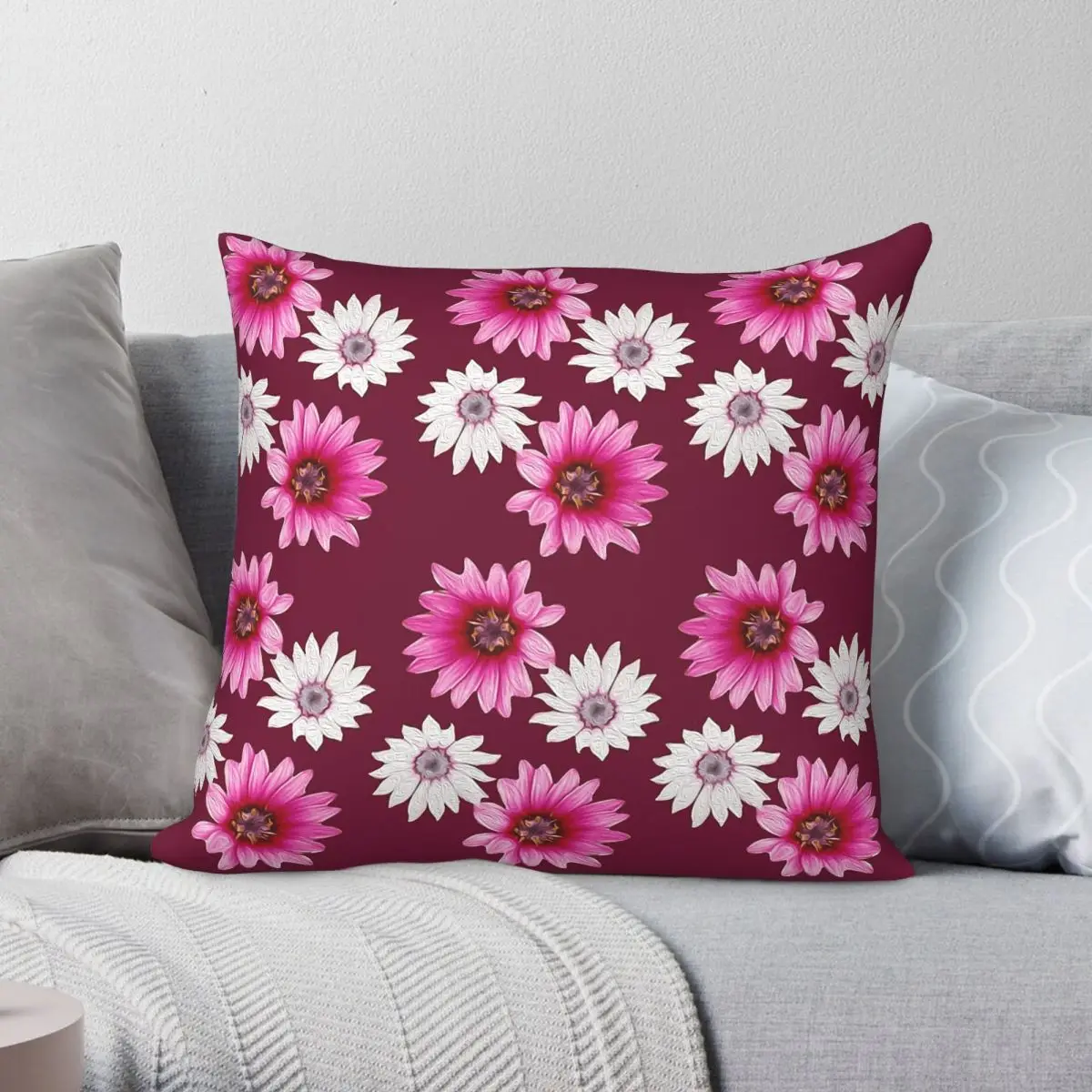 Pink Daisy Flower Square Pillowcase Polyester Linen Velvet Creative Zip Decor Pillow Case Car Cushion Case 18