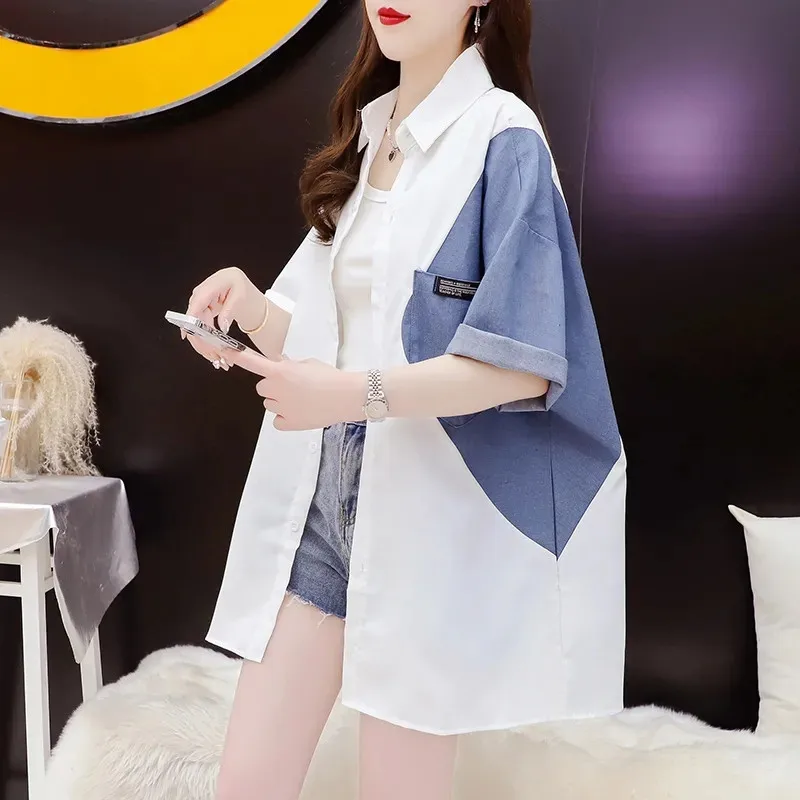 Mid Length Denim Patchwork Short Sleeved Shirt Female Spring Summer Autumn 2024 New Women Top Fashion Sun Resistant Shirt Jacket