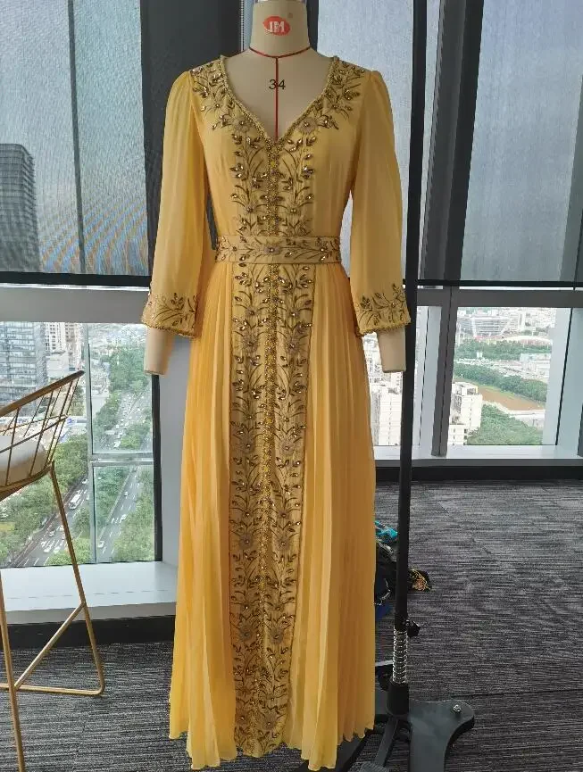 2023 Spring Summer Women Long Maxi Loose Dress Middle East Embroidered Seam Diamond Kraft Tan Robe Evening Gown