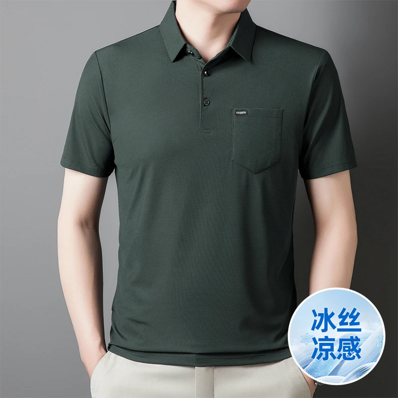 Business Casual Turn-down Collar T-shirts Men\'s Clothing Short Sleeve Solid Color Summer Stylish Pockets Spliced Polo Shirts New