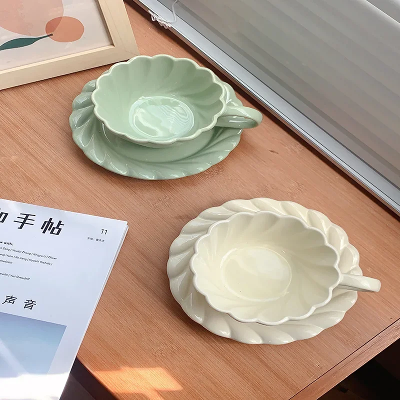 Korean INS-Style Ruffled Afternoon Tea Cup & Saucer Set - High-Value Ceramic Mug for Breakfast, Coffee & Milk