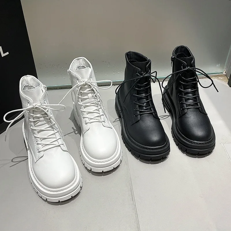 

British Style Leather Boots for Women Round Toe Solid Color Casual Lace-up Large Size Short Boots