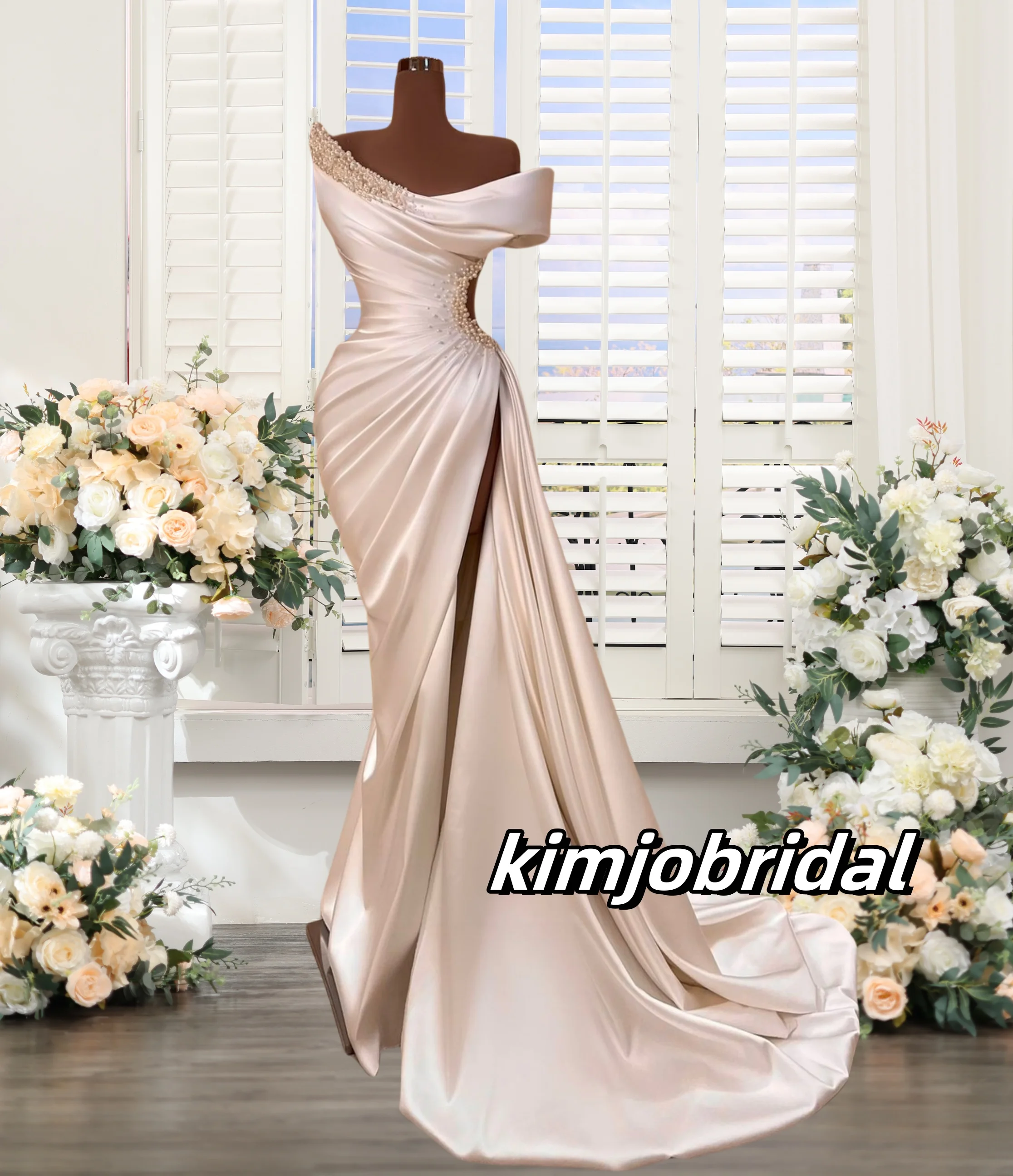 

White Mermaid Prom Dresses with Slit Crystal Beading Pearls One Shoulder Formal Evening Gowns Satin Bridal Dress