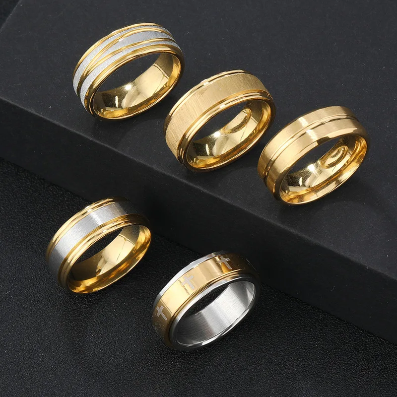 Two‑tone Gold Silver Stainless Steel Band Rings For Men, Brushed Inlay & Cross Engraved Detail, Multi‑style Wide Rings For Male